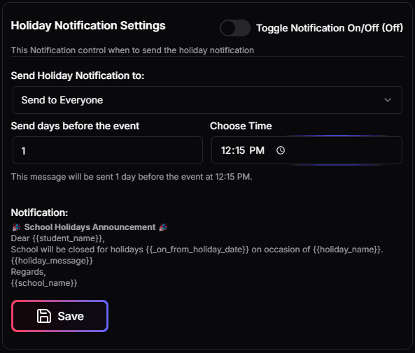 Fees Notification control